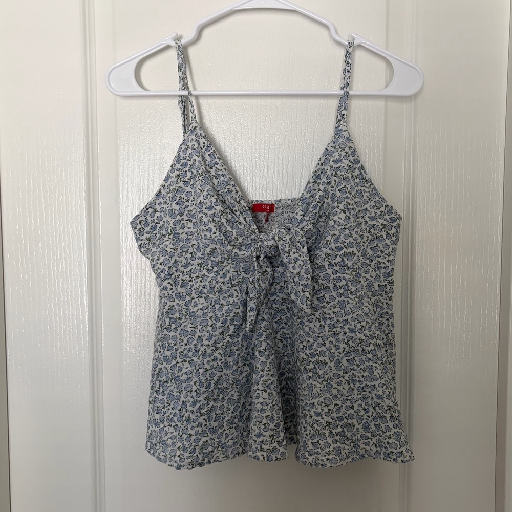 Guess Blue Floral Tie-Front Ruffle Cami tank